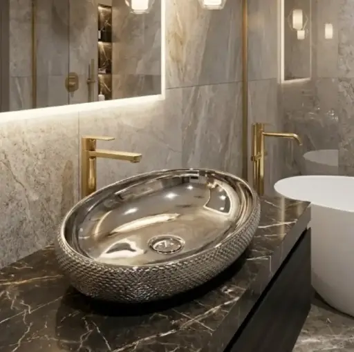 [مستورد] حوض ديكور بيضاوي فوق سطح افقي كروم مستورد