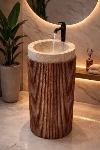 [ناتالي] حوض ارضي خشبي ستانلس بحوض رخام بيج